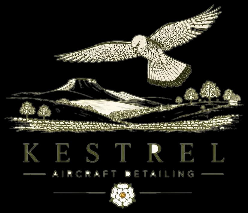 Kestrel Aircraft Detailing emblem — a kestrel in flight over a line-drawn Yorkshire landscape